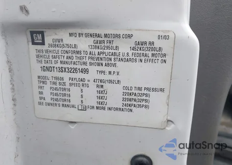 2003 Chevrolet Trailblazer Lt из США, поврежденный, VIN 1GNDT13SX32261499